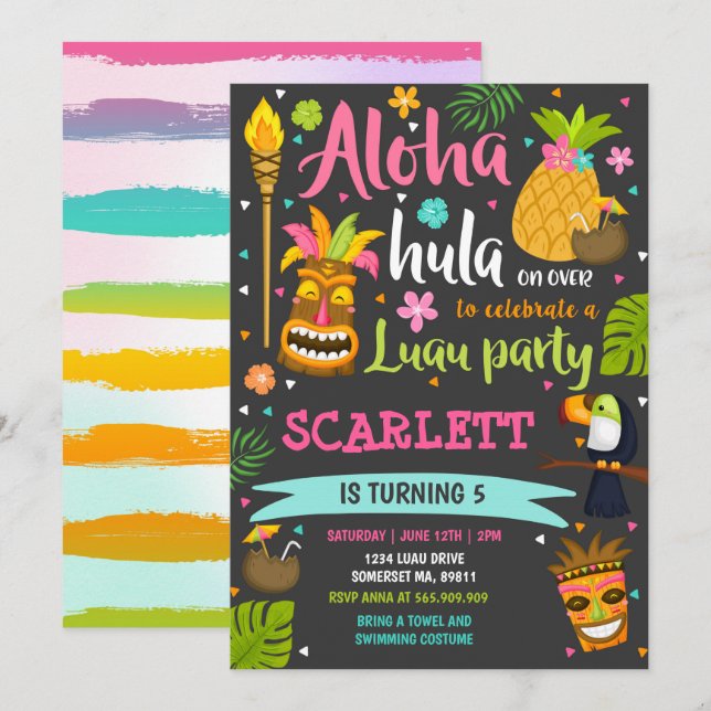 Invitación de cumpleaños de Luau Fiesta Luau de Ha (Anverso / Reverso)