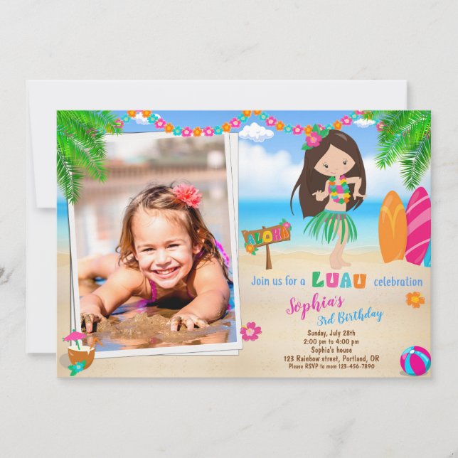 Invitación de cumpleaños de Luau Foto chica de pla (Anverso)