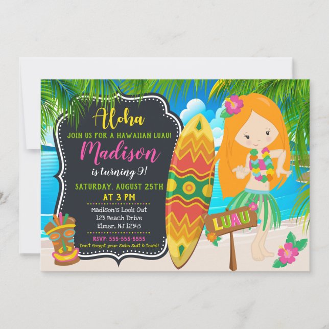 Invitación de cumpleaños de Luau invita a Aloha (Anverso)