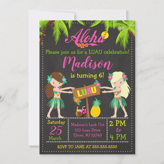 Invitación de cumpleaños de Luau invita a Aloha (Anverso)