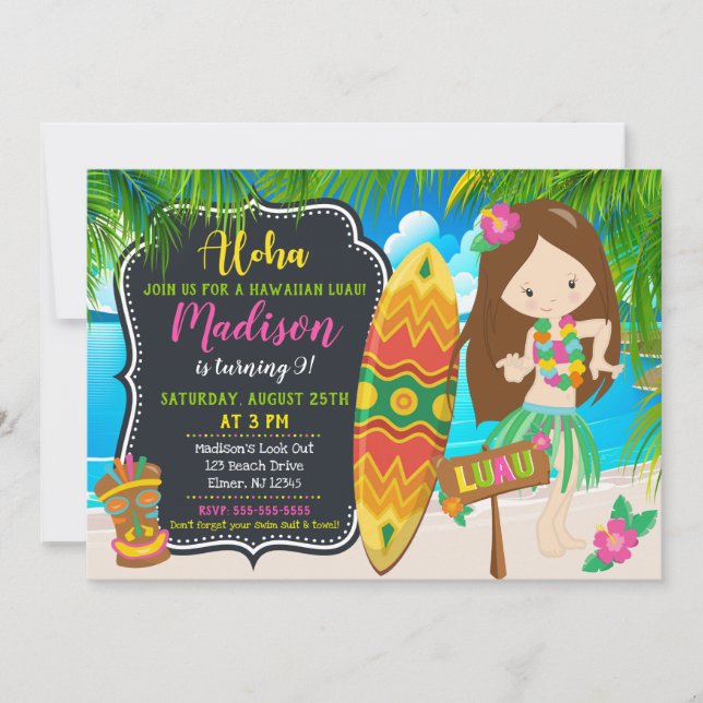 Invitación de cumpleaños de Luau invita a Aloha (Anverso)