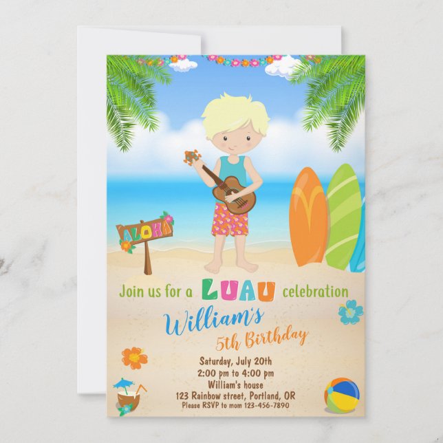 Invitación de cumpleaños de Luau Invitación de Haw (Anverso)