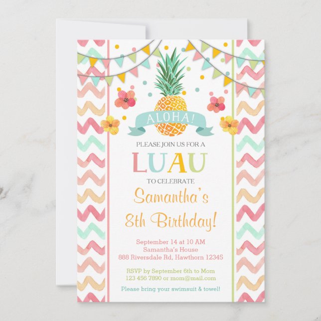 Invitación de cumpleaños de Luau, invitación de pi (Anverso)