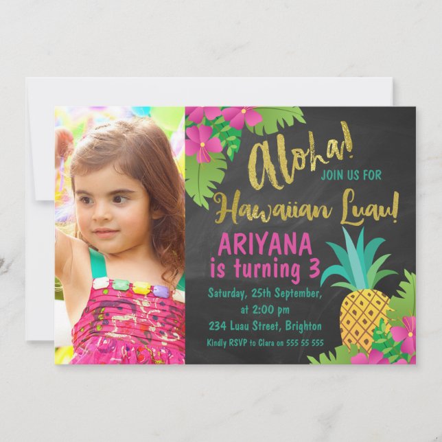 Invitación de cumpleaños de Luau Luau, foto de Cha (Anverso)