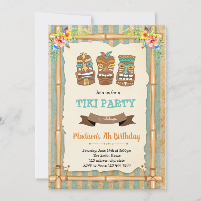 Invitación de cumpleaños de luau tiki Tropical (Anverso)