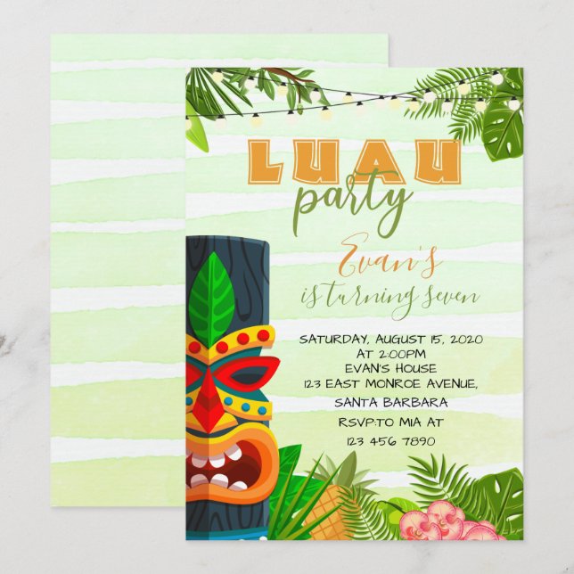 Invitación de cumpleaños de Luau tropical (Anverso / Reverso)