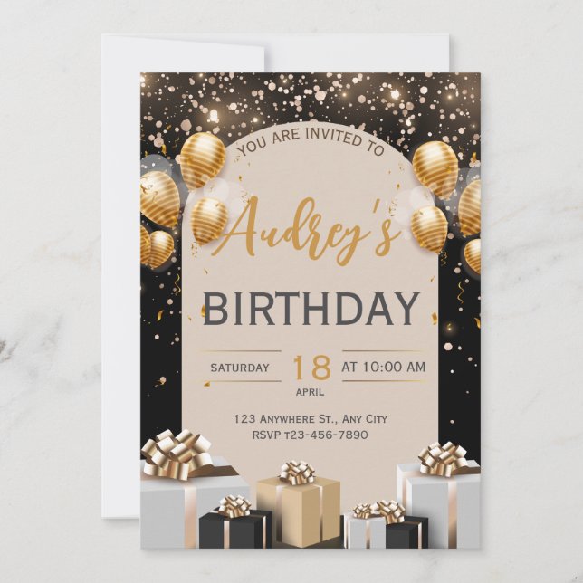 Invitación de cumpleaños de lujo en oro negro (Anverso)