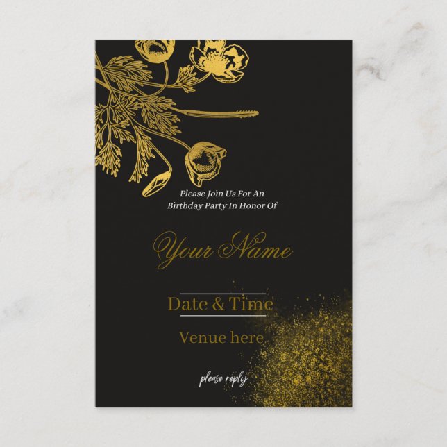 Invitación de cumpleaños de lujo negro y dorado (Anverso)