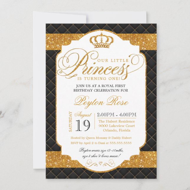 Invitación de cumpleaños de lujo Princess Black &  (Anverso)
