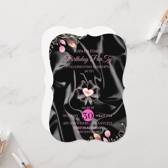 Invitación de cumpleaños de lujo rosa y dorado 26  (Anverso/Reverso In Situ)