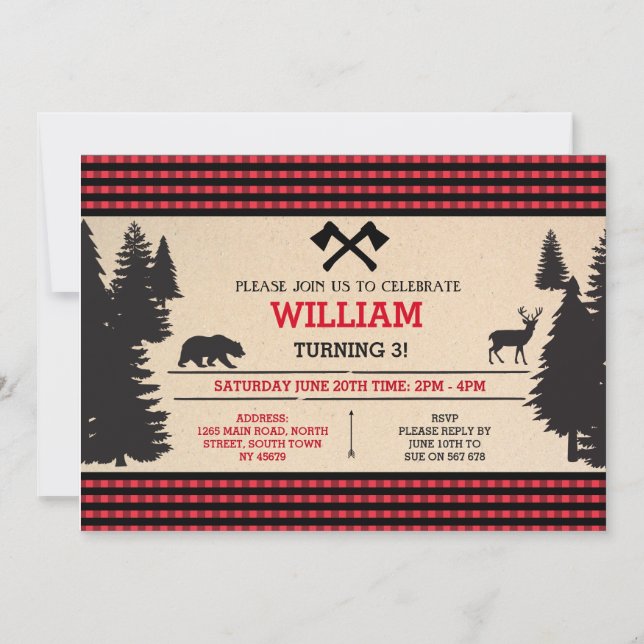 Invitación de cumpleaños de Lumberjack a Red Woodl (Anverso)