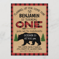 Invitación de cumpleaños de Lumberjack Plaid Bear