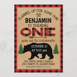 Invitación de cumpleaños de Lumberjack Plaid Bear