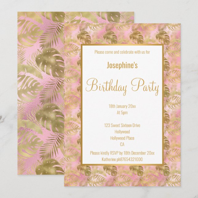 INVITACIÓN DE CUMPLEAÑOS DE LUXE GOLD PINK PALM LE (Anverso / Reverso)
