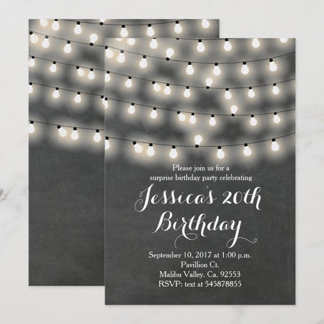 Invitación de cumpleaños de luz de cadena (Anverso / Reverso)