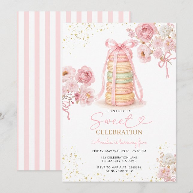 Invitación de cumpleaños de macarón rosa de dulce  (Anverso / Reverso)
