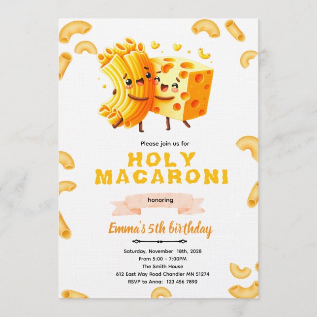 invitación de cumpleaños de macarrones con queso (Anverso)