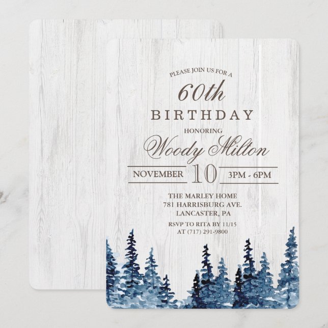 INVITACIÓN DE CUMPLEAÑOS DE MADERA DE BOSQUE RÚSTI (Anverso / Reverso)