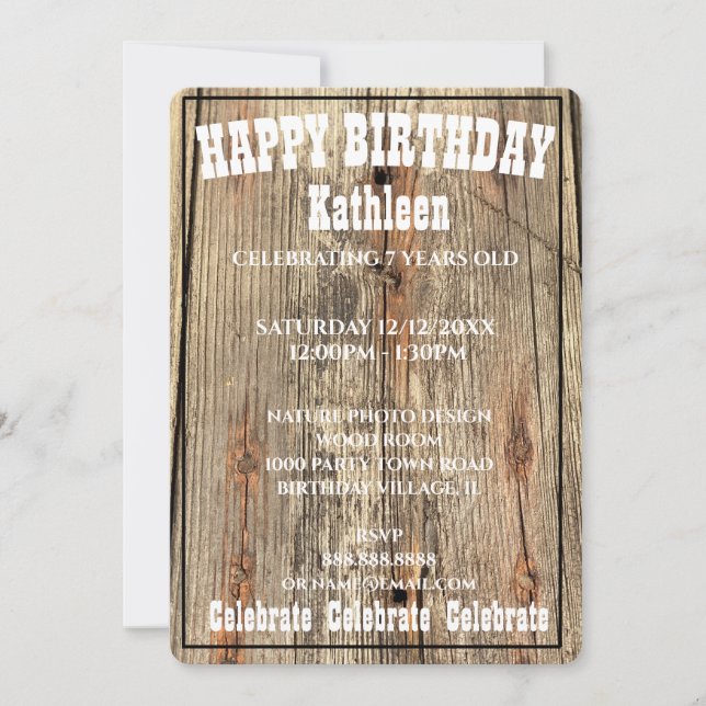 INVITACIÓN DE CUMPLEAÑOS DE MADERA DE GRAN FOTO (Anverso)