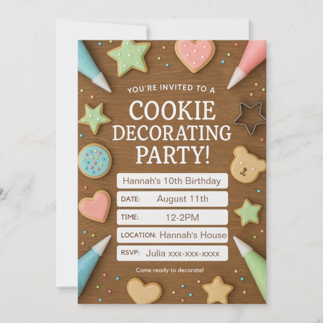 Invitación de cumpleaños de madera decorada por co (Anverso)