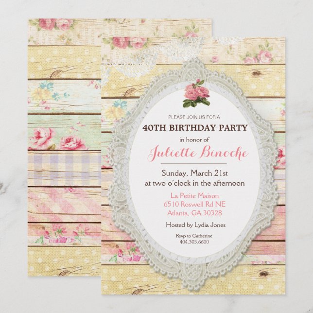 Invitación de cumpleaños de madera floral Shabby C (Anverso / Reverso)