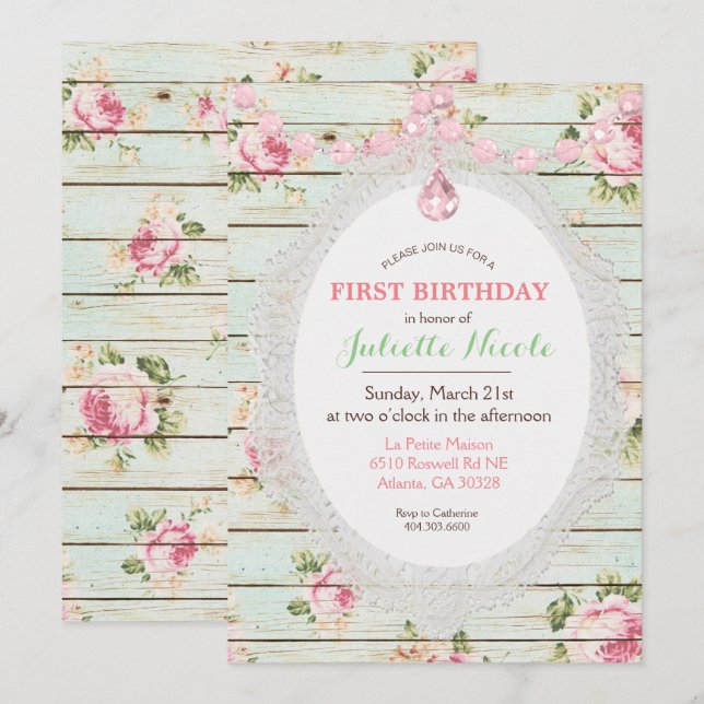 Invitación de cumpleaños de madera floral Shabby C (Anverso / Reverso)