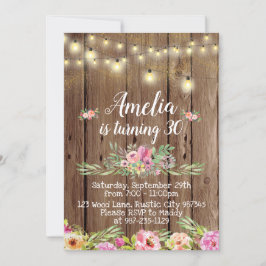 Invitación de cumpleaños de madera y flores rustic