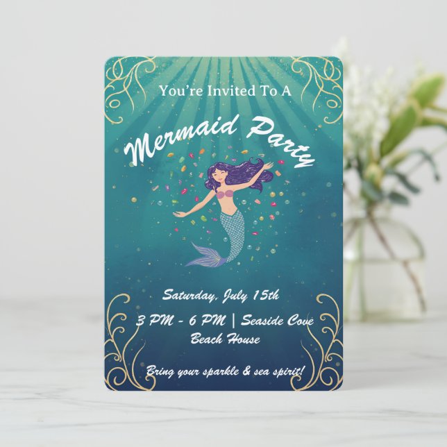 Invitación de cumpleaños de magia de sirena (Anverso de pie)
