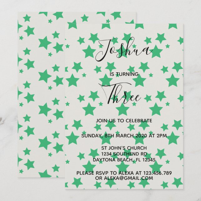 Invitación de cumpleaños de Magic Star Gray Green (Anverso / Reverso)