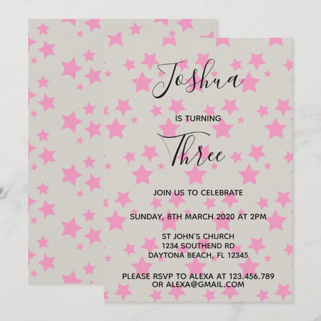 Invitación de cumpleaños de Magic Star Gray Pink (Anverso / Reverso)