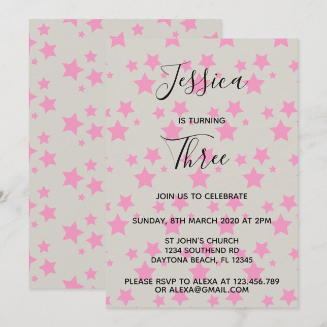 Invitación de cumpleaños de Magic Star Gray Pink (Anverso / Reverso)