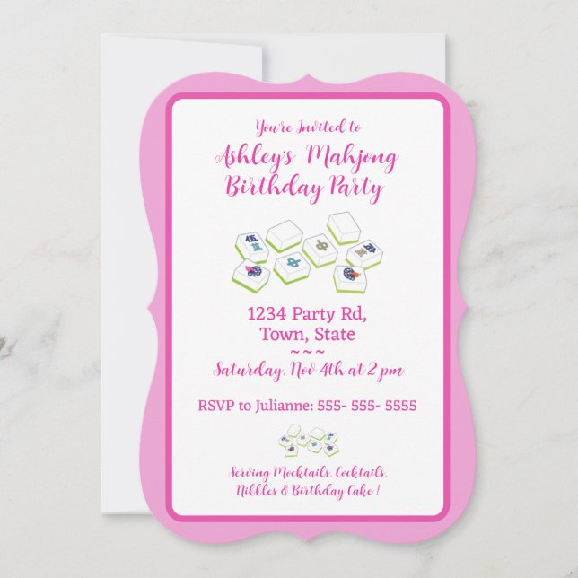 Invitación de cumpleaños de Mahjong rosa bonita (Anverso)