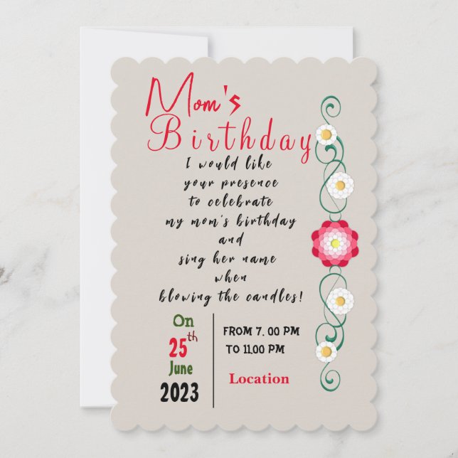 Invitación de cumpleaños de mamá (Anverso)