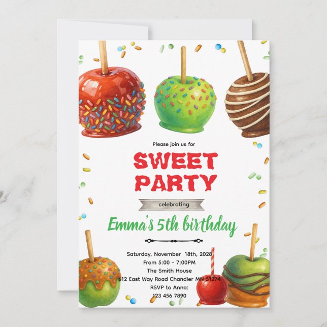 Invitación de cumpleaños de manzana de caramelo (Anverso)