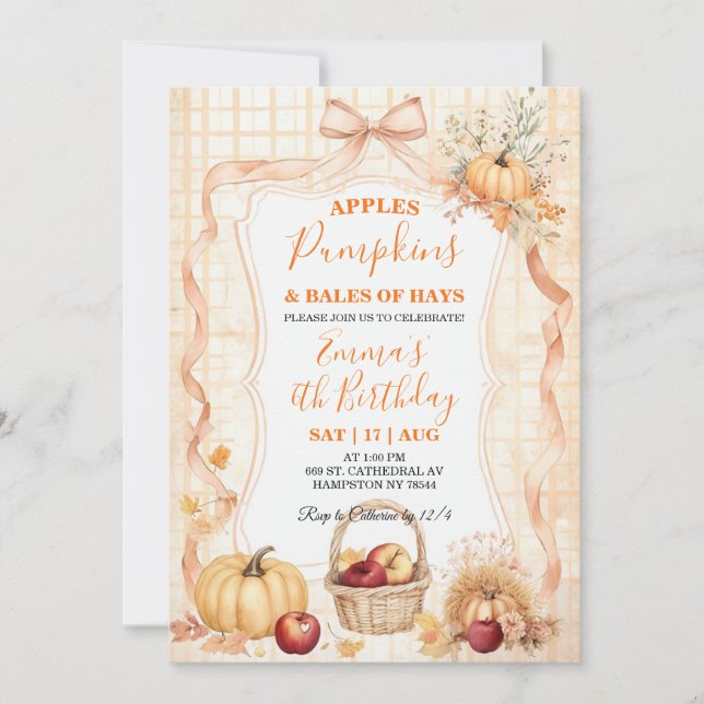 Invitación de cumpleaños de manzanas, calabazas y  (Anverso)