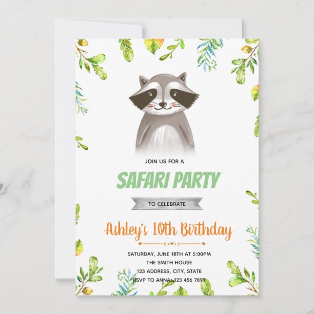 invitación de cumpleaños de mapache (Anverso)