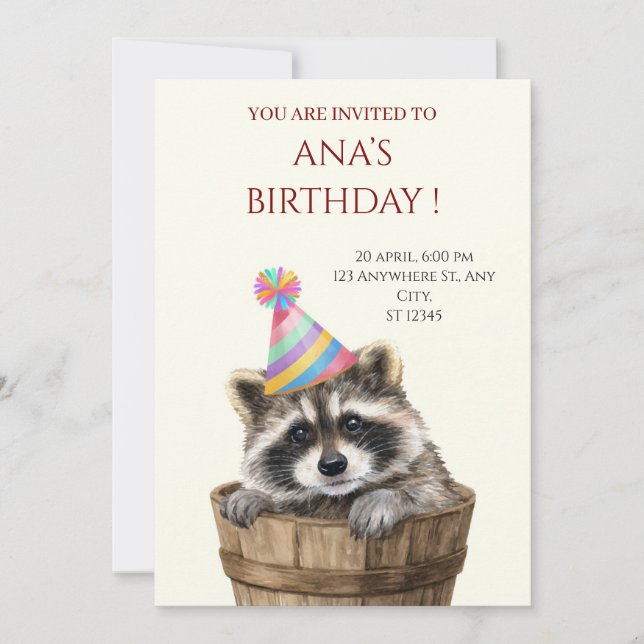 Invitación de cumpleaños de mapache lindo  (Anverso)