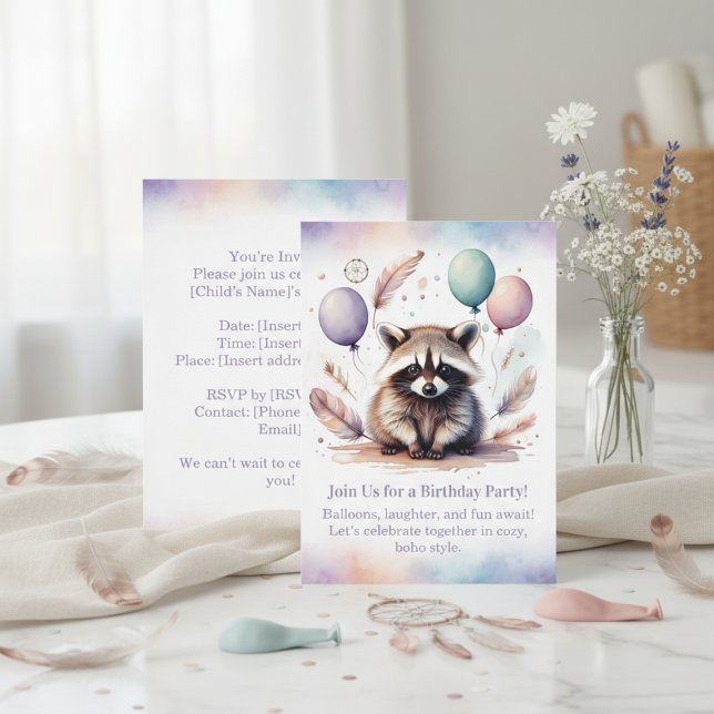 Invitación de cumpleaños de mapache lindo con esti (Cute Raccoon Birthday Invitation Woodland Boho)