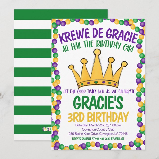 Invitación de cumpleaños de Mardi Gras (Anverso / Reverso)