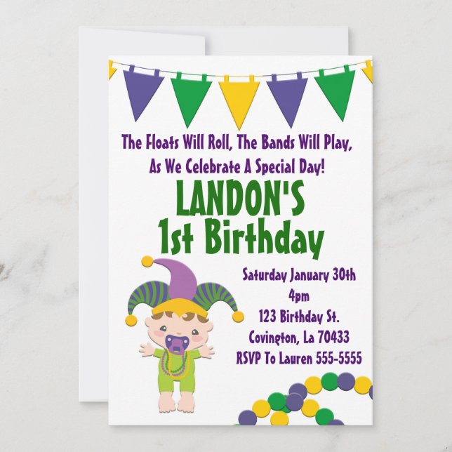 Invitación de cumpleaños de Mardi Gras (Anverso)