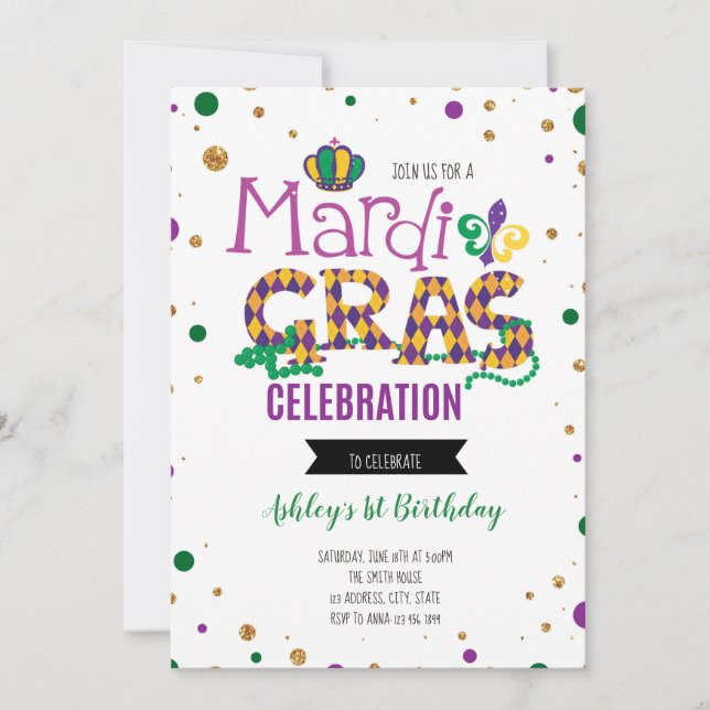 Invitación de cumpleaños de Mardi gras (Anverso)
