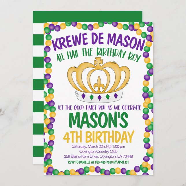 Invitación de cumpleaños de Mardi Gras (Anverso / Reverso)