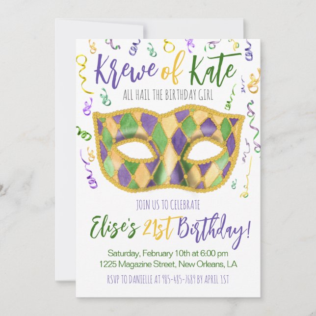 Invitación de cumpleaños de Mardi Gras Krewe (Anverso)
