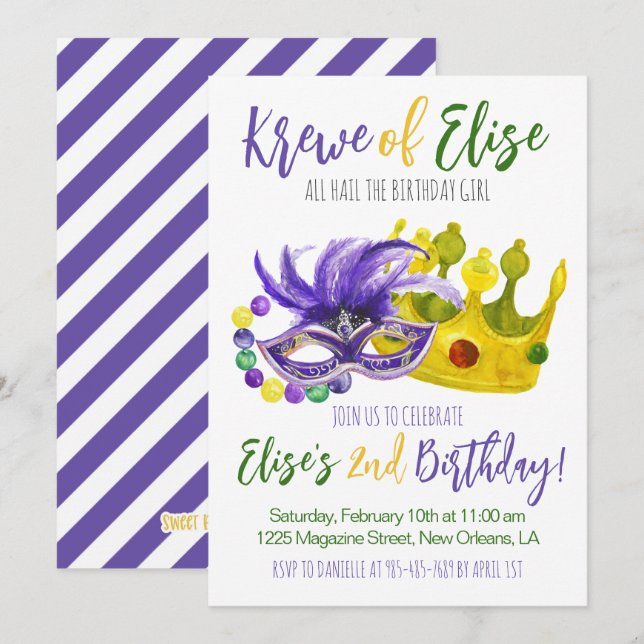 Invitación de cumpleaños de Mardi Gras Krewe (Anverso / Reverso)