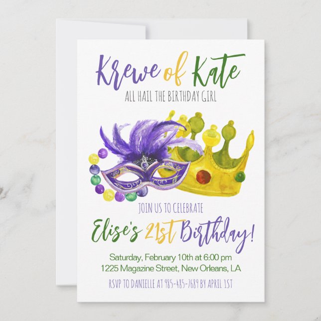 Invitación de cumpleaños de Mardi Gras Krewe (Anverso)