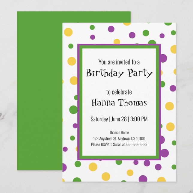 Invitación de cumpleaños de Mardi Gras Polka Dot J (Anverso / Reverso)