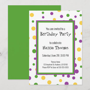 Invitación de cumpleaños de Mardi Gras Polka Dot J