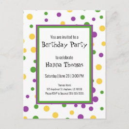Invitación de cumpleaños de Mardi Gras Polka Dot J