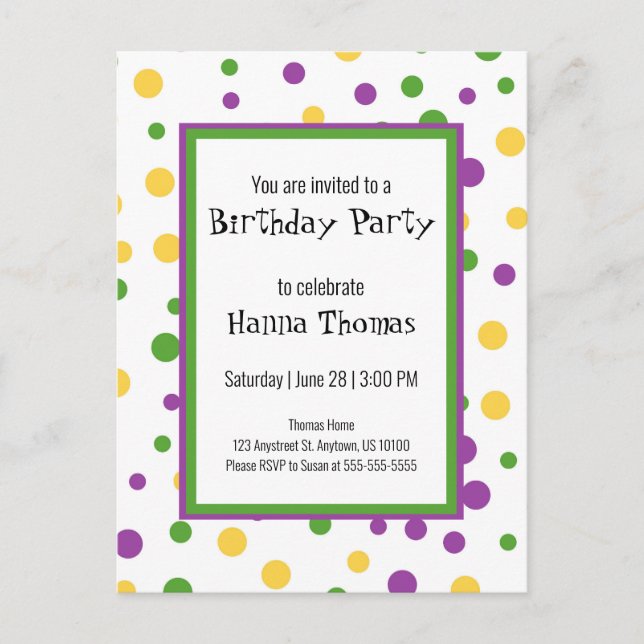 Invitación de cumpleaños de Mardi Gras Polka Dot J (Anverso)