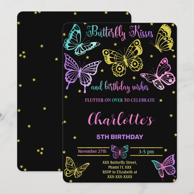Invitación de cumpleaños de mariposa (Anverso / Reverso)